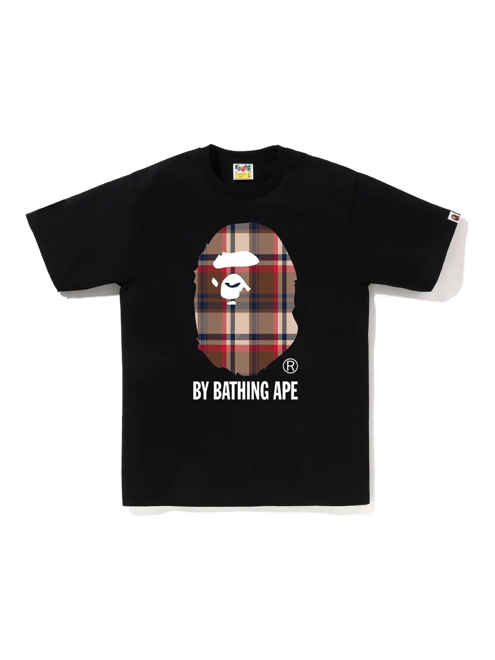 BAPE Black Short-Sleeve Tee with Plaid Ape Head Graphic